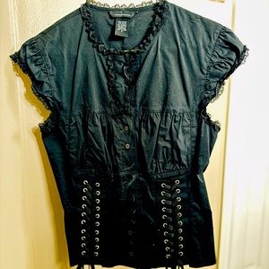 Black Blouse with Ruffles, Ties, and Cap Sleeves